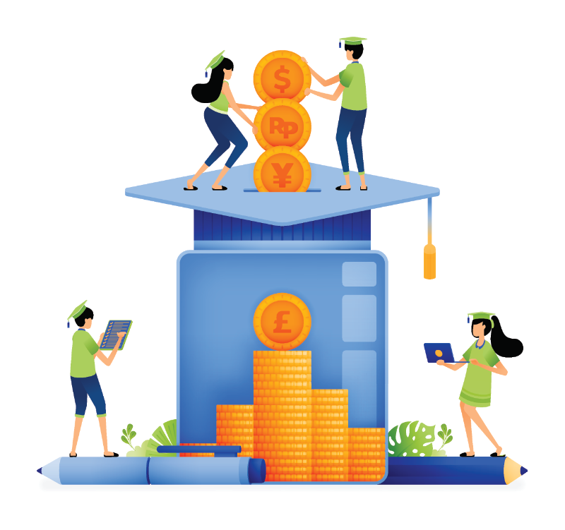 Illustration of students stacking coins